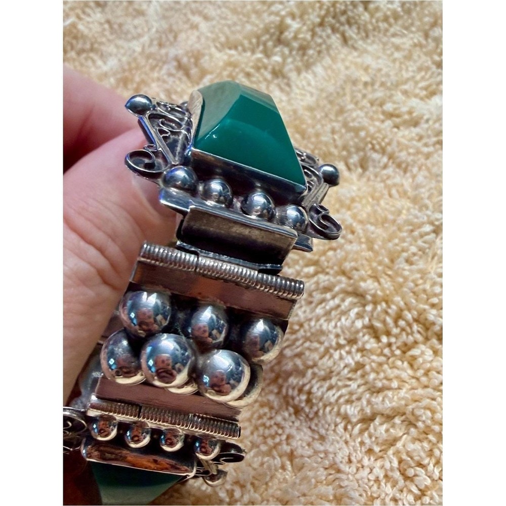 Vintage Mid-Century Mexican Sterling Silver Green Onyx Panel Link Bracelet 7 in - Picture 12 of 16